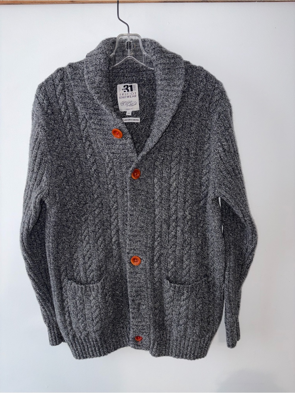 Le 31 Simons Gray Cable-Knit Shawl Collar Cardigan with Orange Buttons 100% wool